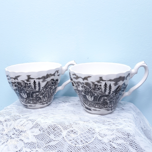 2 Royal Mail Teacups Black White Ironstone England Transferware Antique VTG - Picture 4 of 11